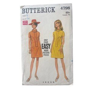 60s Butterick 4798 Sewing Pattern Size 12 One Piece Dress Bust 34 Vintage CUT